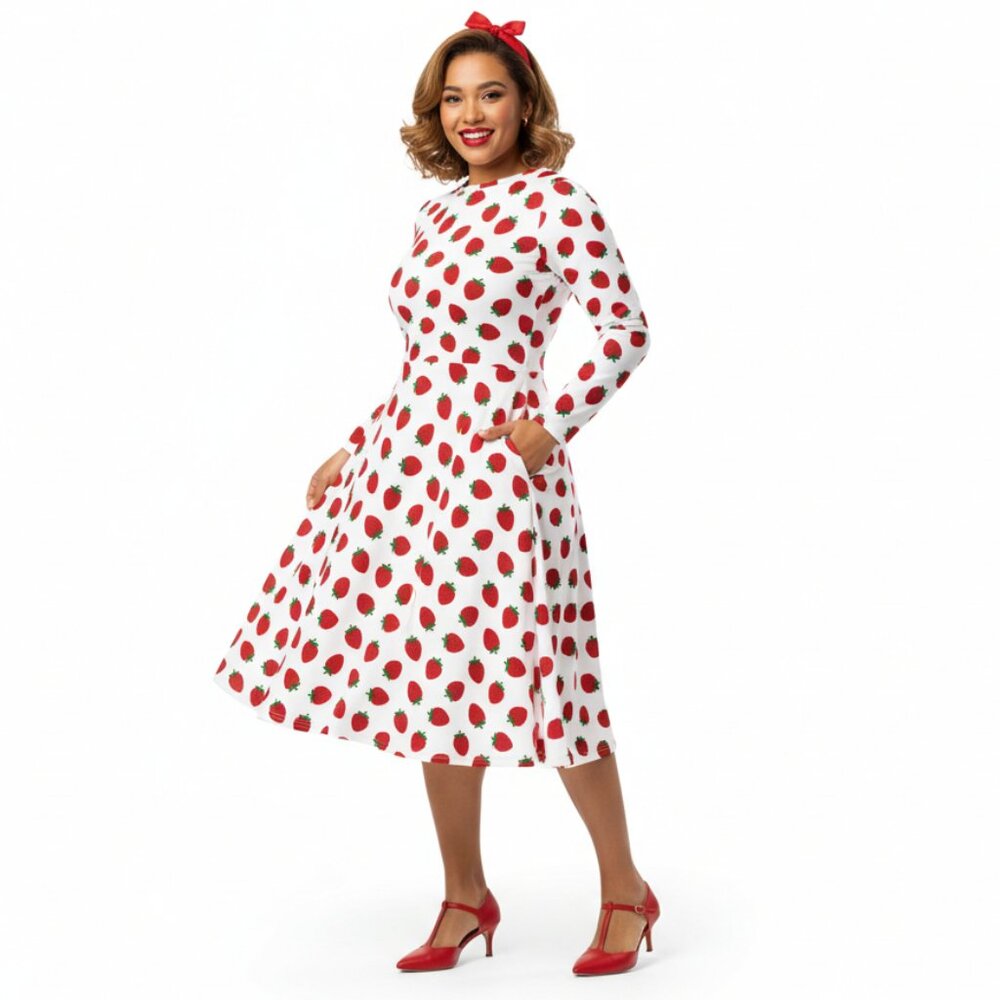 Vintage Strawberry 1950s Pinup Long Sleeve Dress